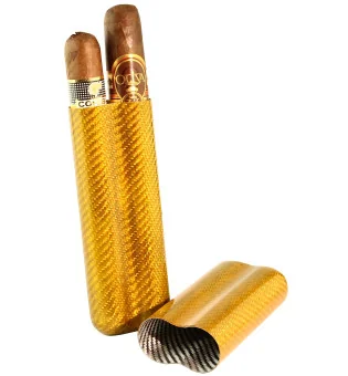 Caixa de charuto de fibra de carbono dourada para 2 charutos com calibre de anel 57