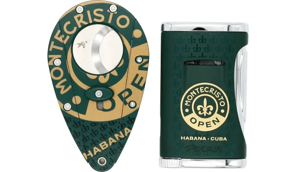 Conjunto de cortador de charutos e isqueiro Xikar Montecristo Open